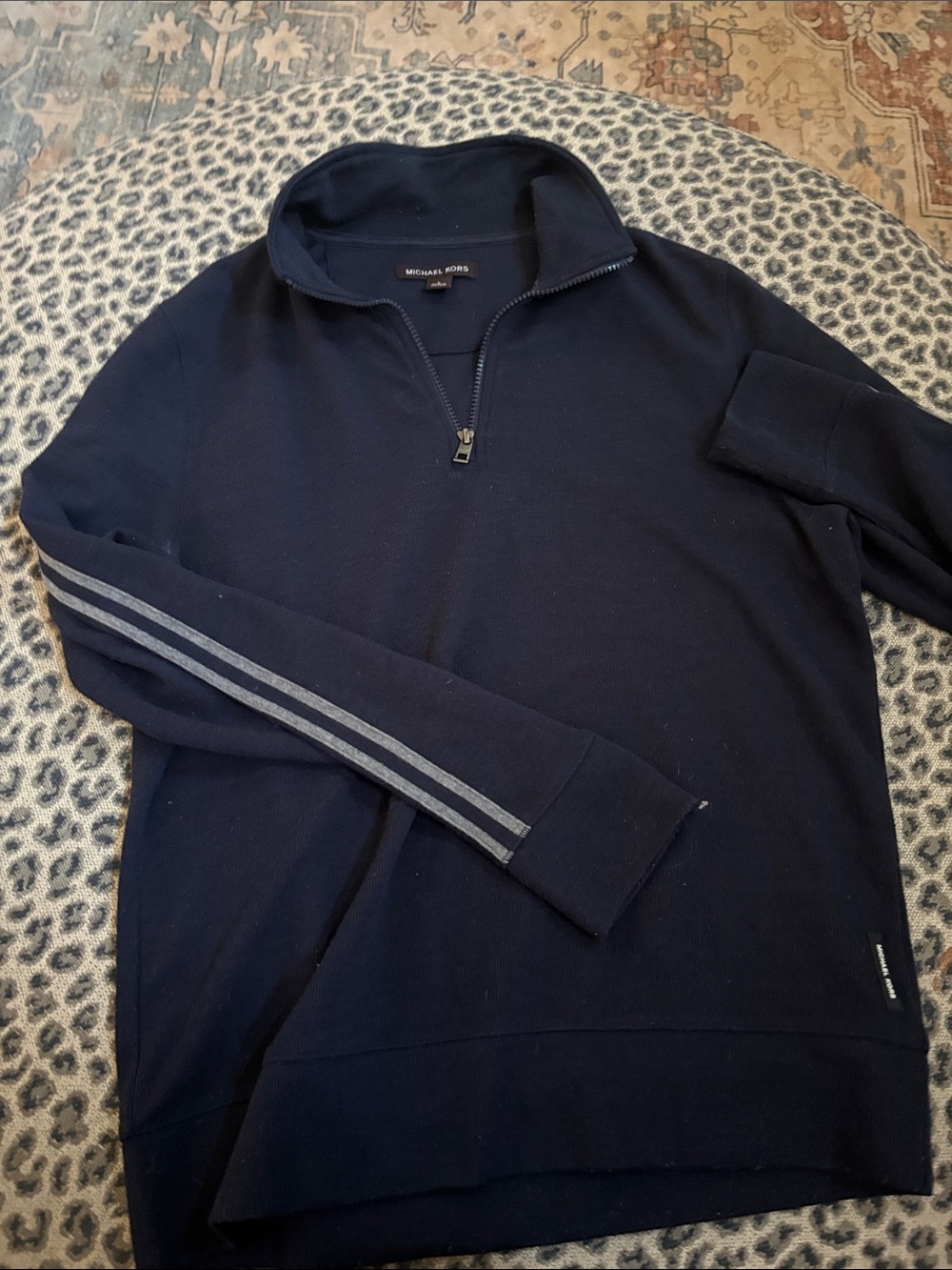 Michael Kors Men's Navy Half-Zip Sweater with Gray Sleeve Stripes